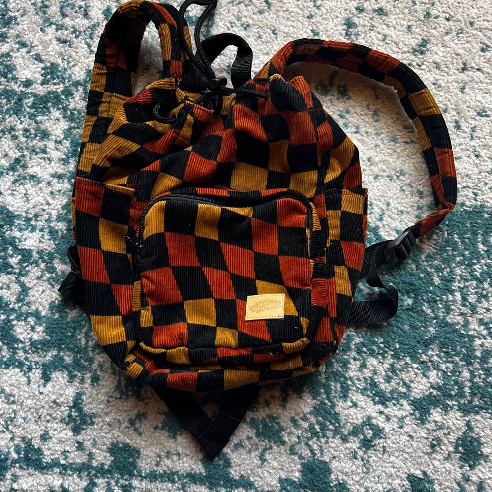 Vans Corduroy Checkered Drawstring Bag in Black, Rust & Mustard